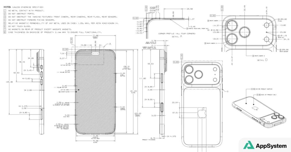 Plan coté détaillé montrant les dimensions et composants d’un iPhone
