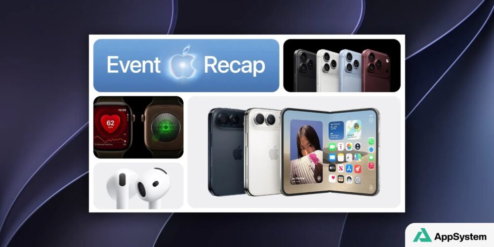 Montage Apple montrant iPhone, Apple Watch, AirPods et téléphone pliable