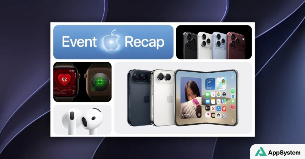 Montage Apple montrant iPhone, Apple Watch, AirPods et téléphone pliable
