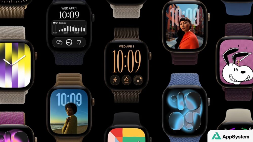 Montage de montres Apple Watch affichant différents cadrans et bracelets