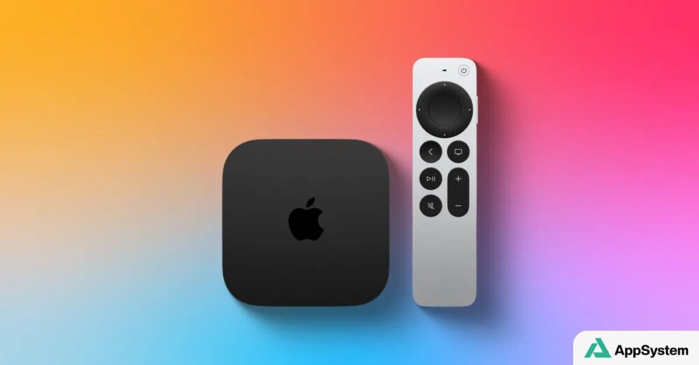 Boîtier Apple TV et télécommande Siri Remote sur fond coloré