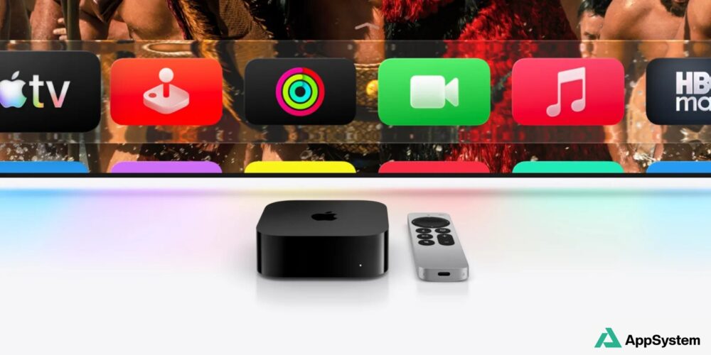 Boîtier Apple TV 4K et télécommande devant écran d’accueil tvOS