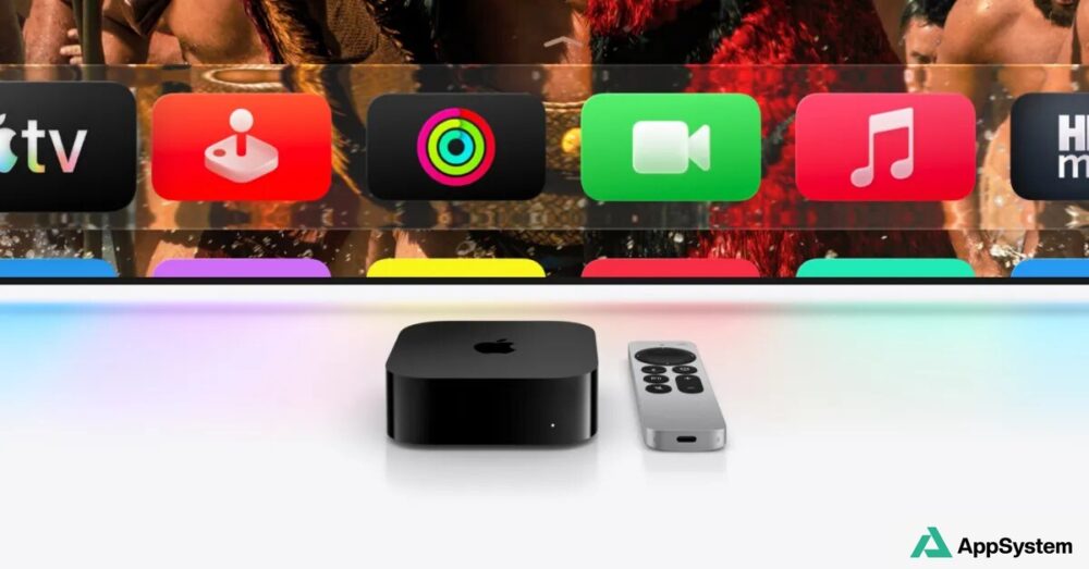 Boîtier Apple TV 4K et télécommande devant écran d’accueil tvOS