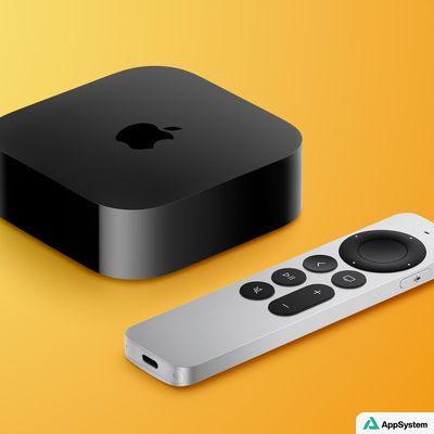 Apple TV noire et télécommande Siri présentées sur fond jaune