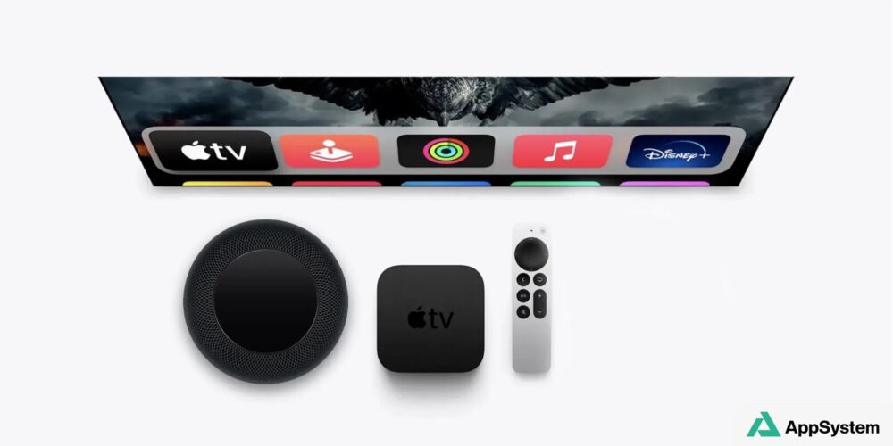 Apple TV 4K et HomePod présentés sous un téléviseur