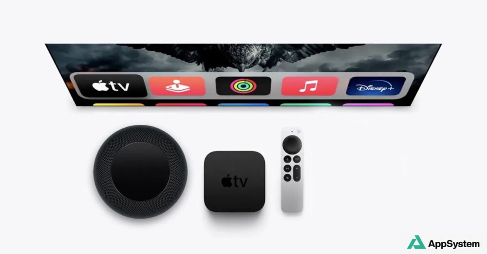 Apple TV 4K, HomePod et télécommande devant un écran