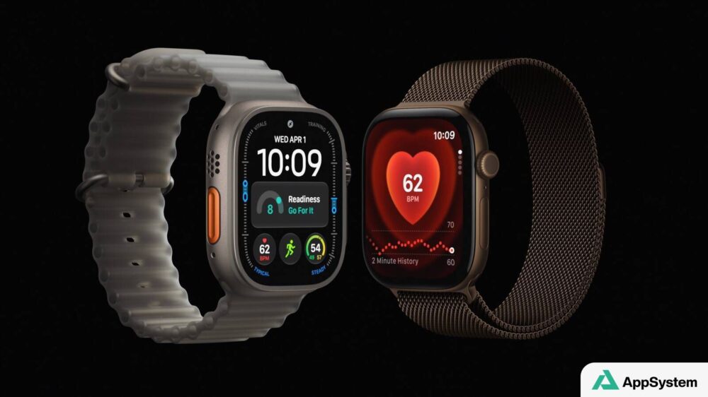 Deux Apple Watch affichant des données de santé sur fond noir