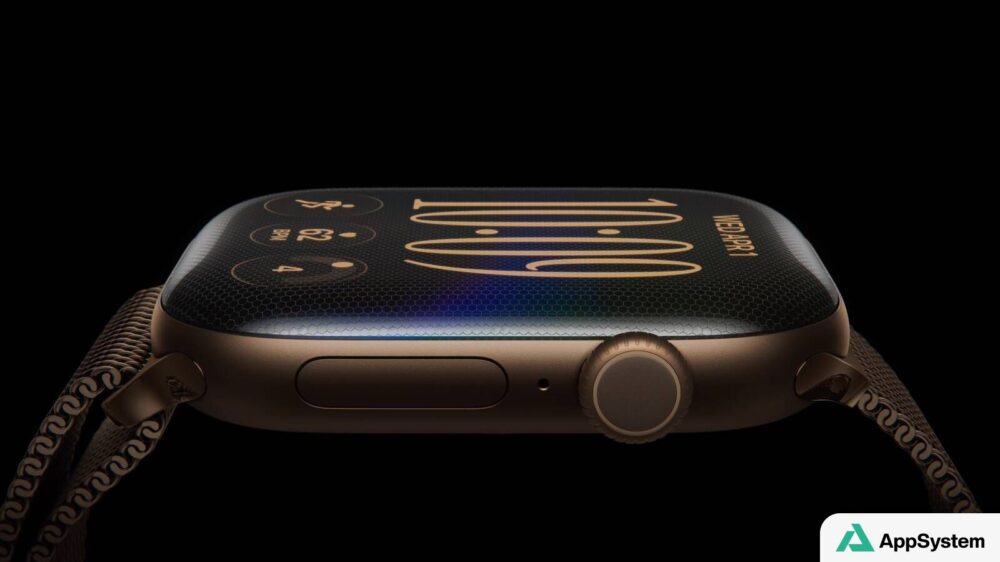 Apple Watch Series 12 vue de profil sur fond noir