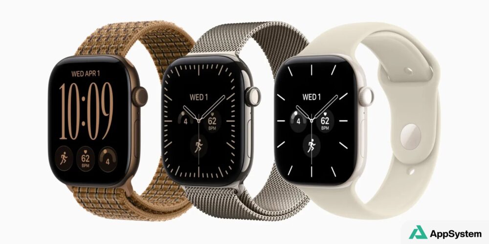 Trois Apple Watch affichant différents cadrans et styles de bracelets