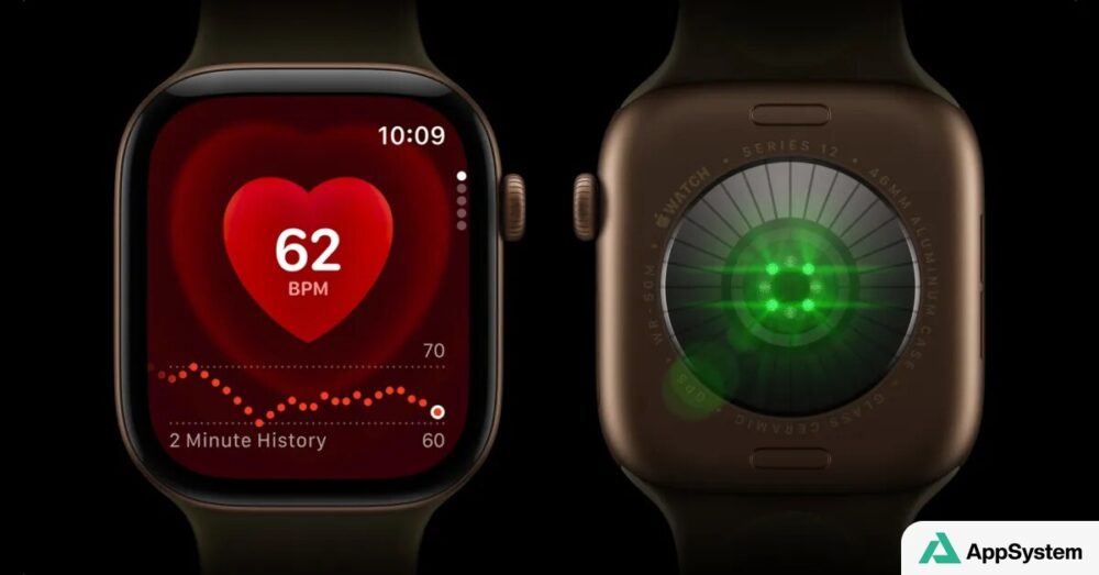 Apple Watch Series 12 montrée de face et au dos, capteur cardiaque actif
