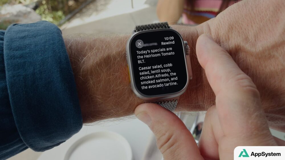 Apple Watch affichant la transcription d’un échange récent avec Live Rewind