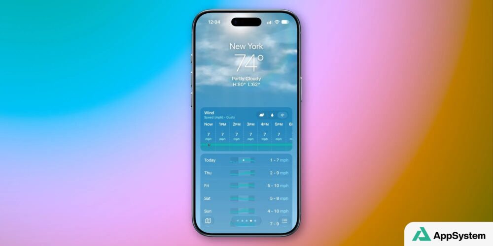 Prévisions de vent affichées sur l’application Apple Weather