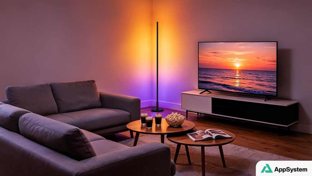 Lampadaire connecté diffusant une lumière multicolore dans un salon
