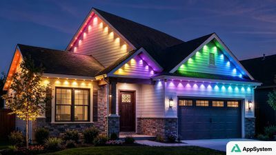 Maison éclairée par des guirlandes lumineuses multicolores en extérieur