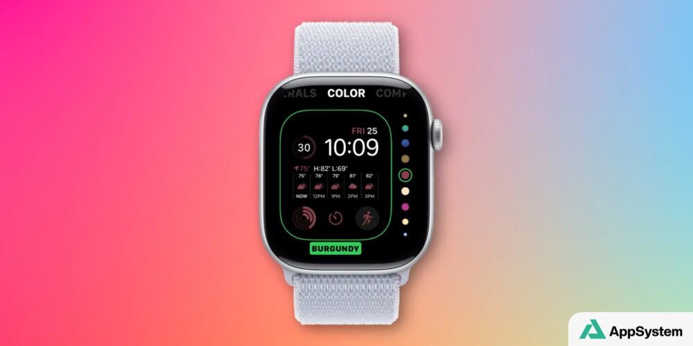 Apple Watch affichant le cadran Modular avec plusieurs couleurs disponibles