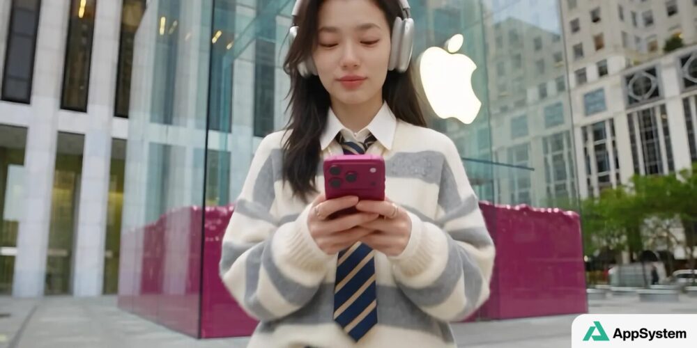 Femme utilisant un smartphone rose devant le logo Apple