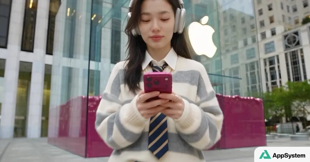 Femme consultant un smartphone rose devant une boutique Apple