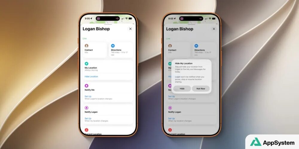 Deux iPhone affichent les options de partage de localisation de Localiser