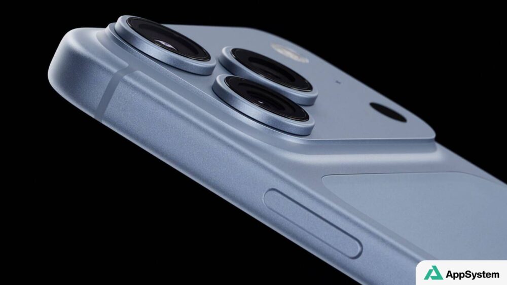 Vue rapprochée de l’arrière de l’iPhone 18 Pro bleu