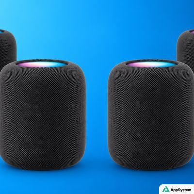 Deux enceintes HomePod noires affichées sur fond bleu