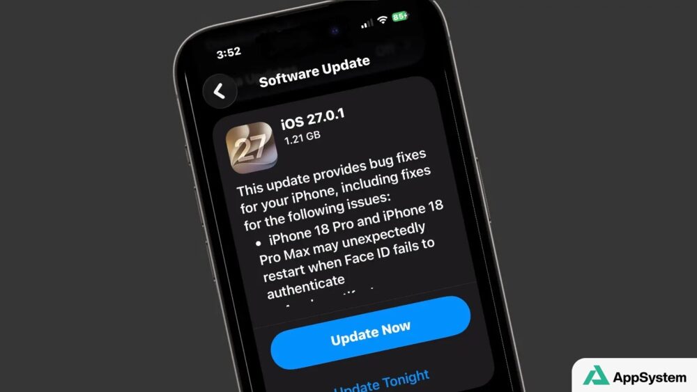 Écran d’iPhone affichant la mise à jour logicielle iOS 27.0.1