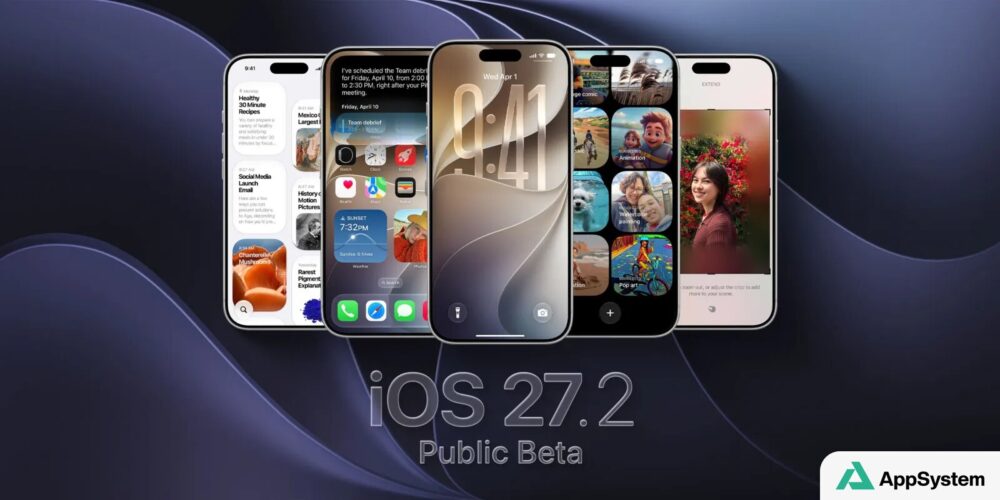 Plusieurs iPhone affichant l’interface et la version iOS 27.2