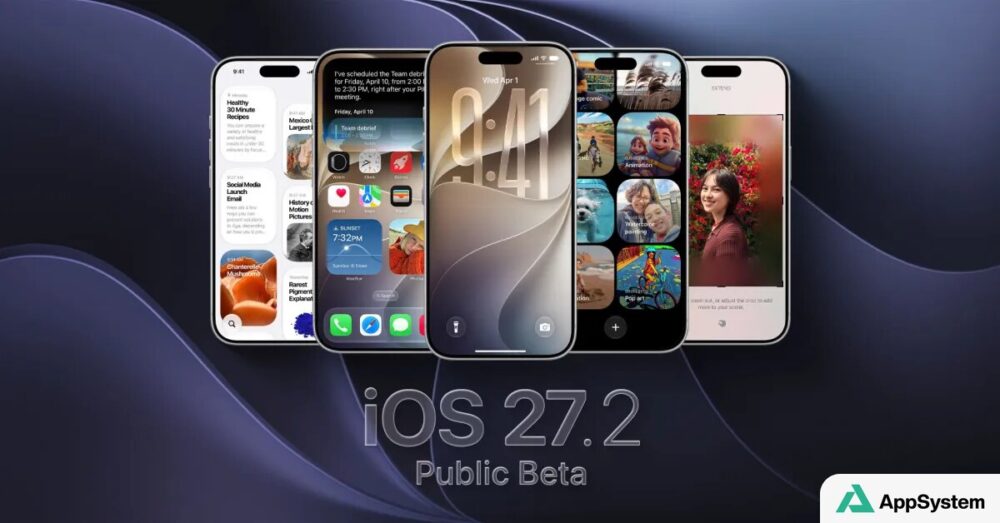 Illustration de plusieurs iPhone présentant iOS 27.2 en bêta publique