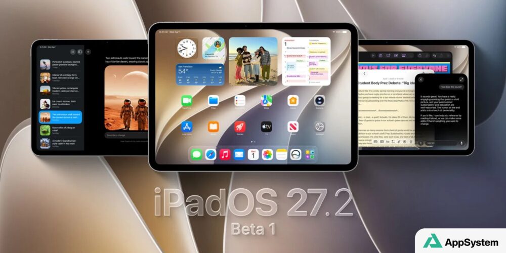 Montage de plusieurs iPad affichant iPadOS 27.2 bêta 1