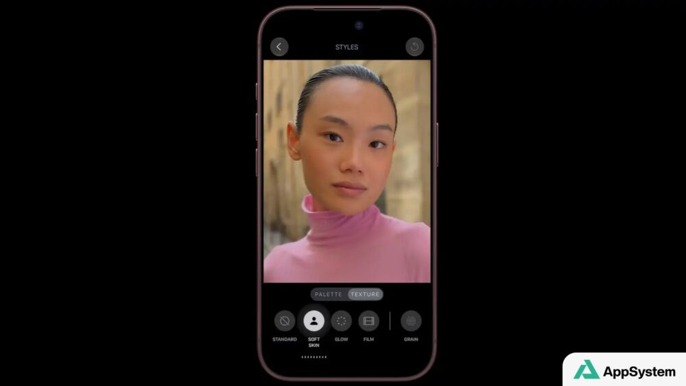 iPhone affichant les contrôles Texture et Grain de l’appareil photo