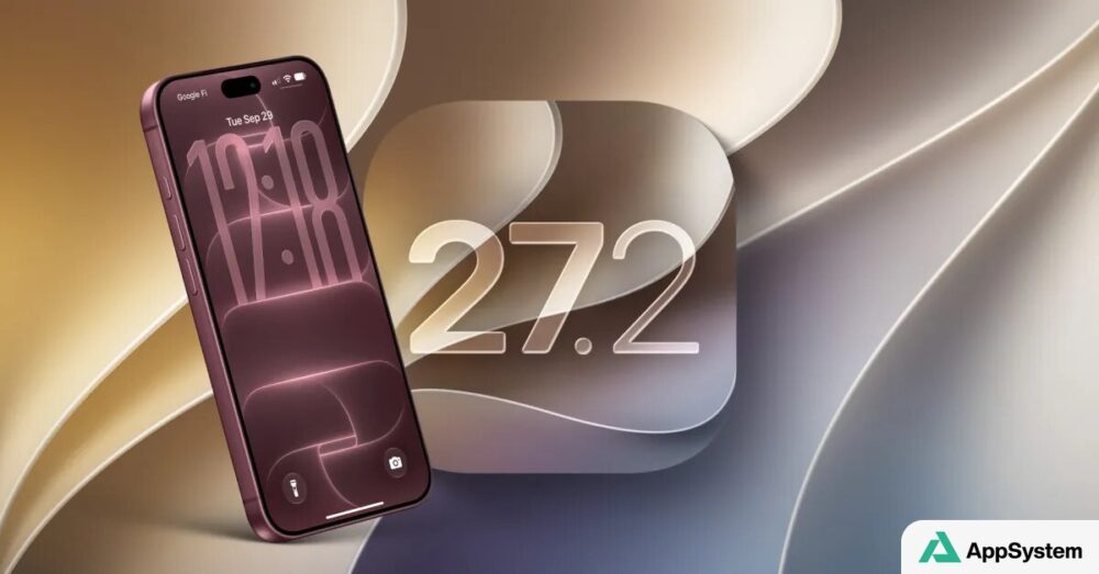iPhone affichant iOS 27.2 sur un fond abstrait