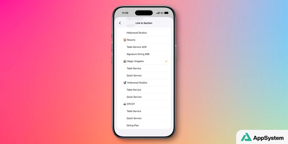Sélection d’une section dans l’application Notes sur iPhone