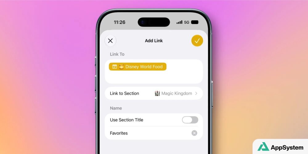 Écran iPhone montrant l’ajout d’un lien vers une section