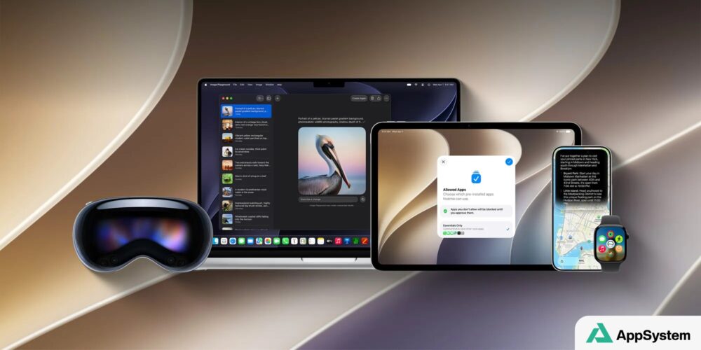 Montage de produits Apple affichant plusieurs fonctions d’intelligence artificielle
