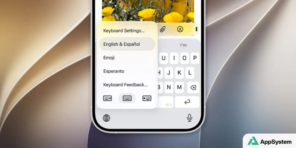 Clavier iPhone affichant les réglages de langues English, Español et Esperanto