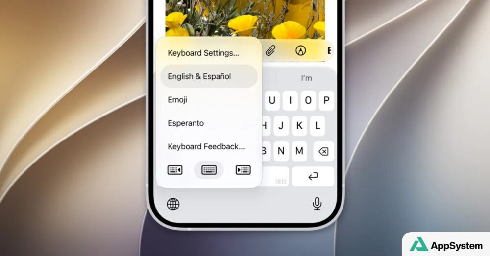 Clavier iPhone affichant les réglages de langues English, Español et Esperanto