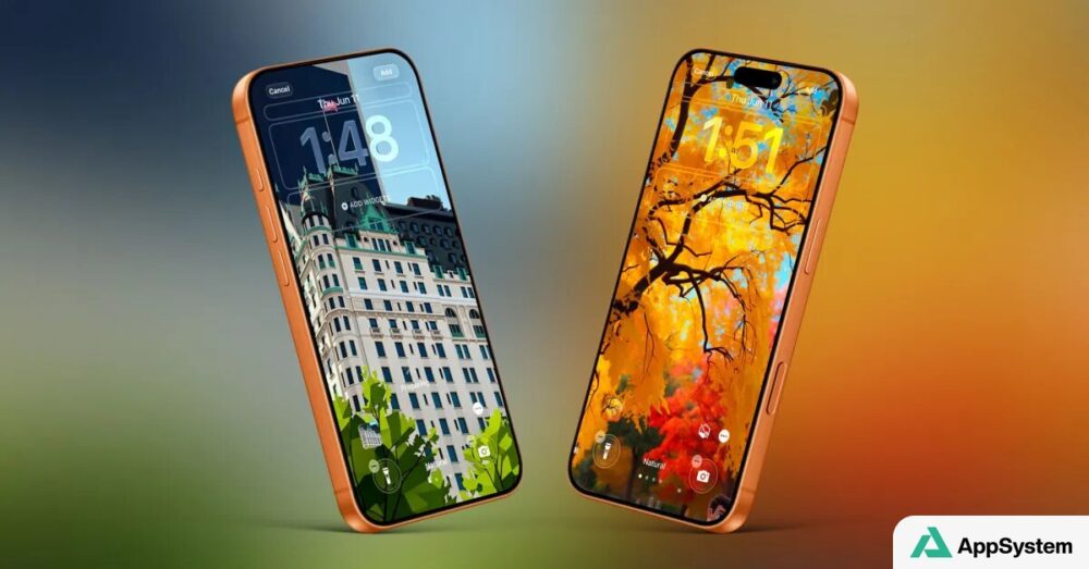 Deux iPhone affichent des écrans verrouillés avec des fonds personnalisés