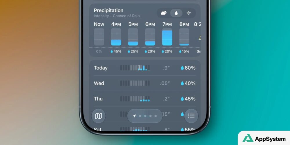 Prévisions de précipitations affichées dans l’application météo