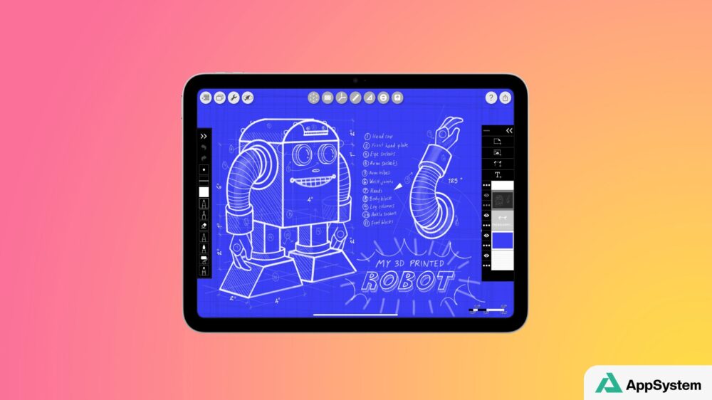 Tablette iPad affichant un dessin technique de robot sur fond coloré