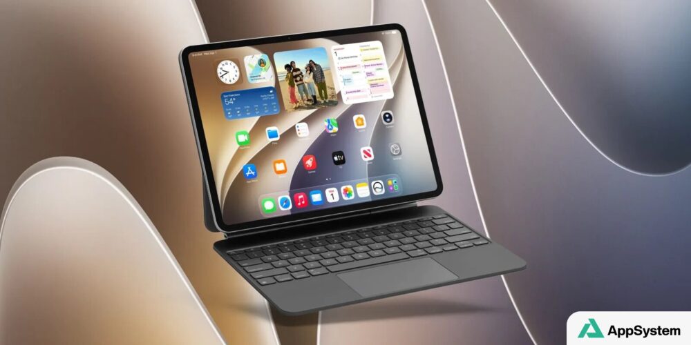 iPad équipé d’un clavier affichant l’écran d’accueil d’iPadOS