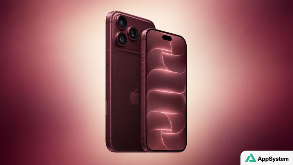 Rendu d’un iPhone Pro rouge vu de face et de dos