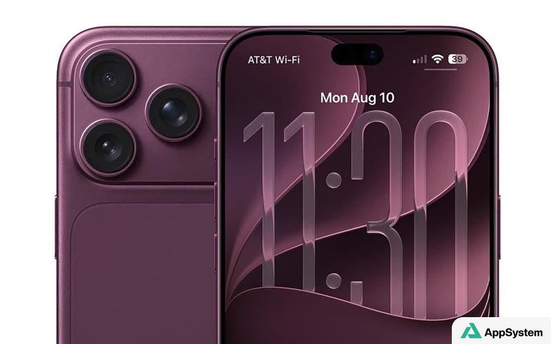 Rendu d’un iPhone violet montrant ses faces avant et arrière