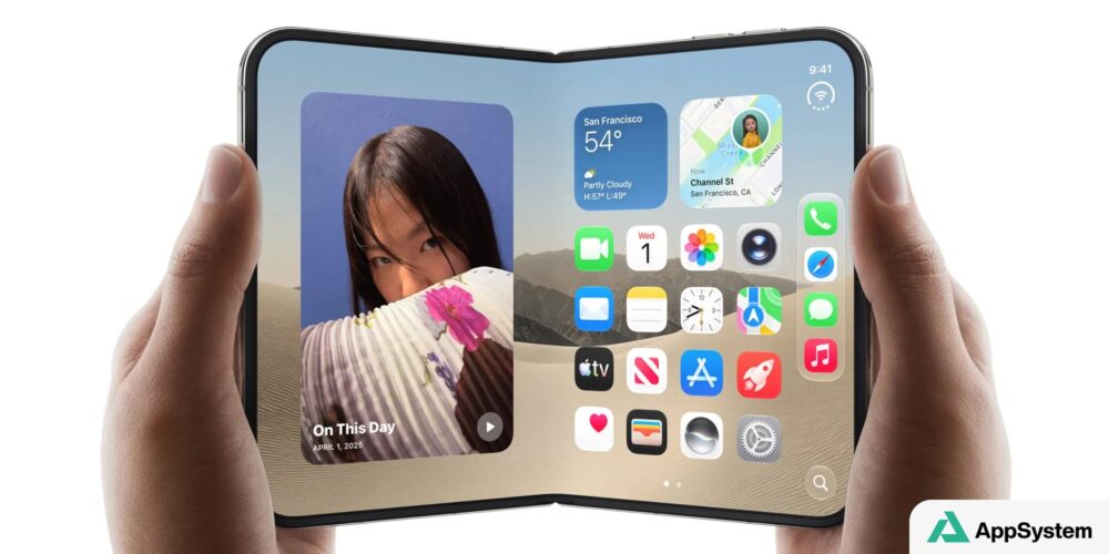 Smartphone pliable Apple affichant un écran d’accueil avec applications