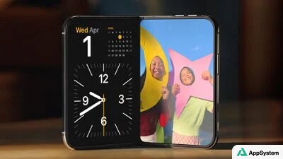 iPhone Duo pliable ouvert, présentant deux écrans côte à côte