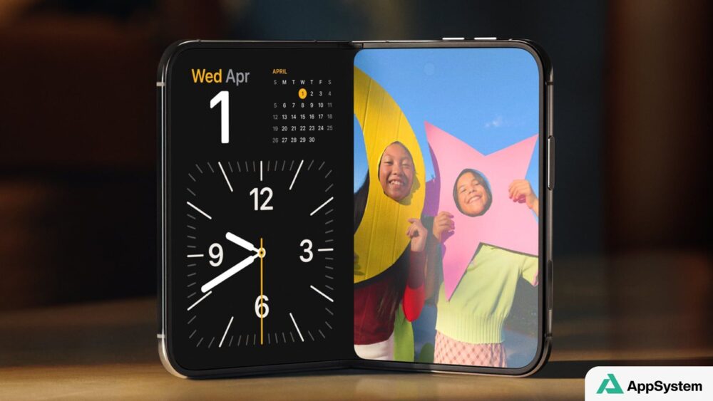 iPhone Duo pliable ouvert, affichant horloge et photos sur deux écrans