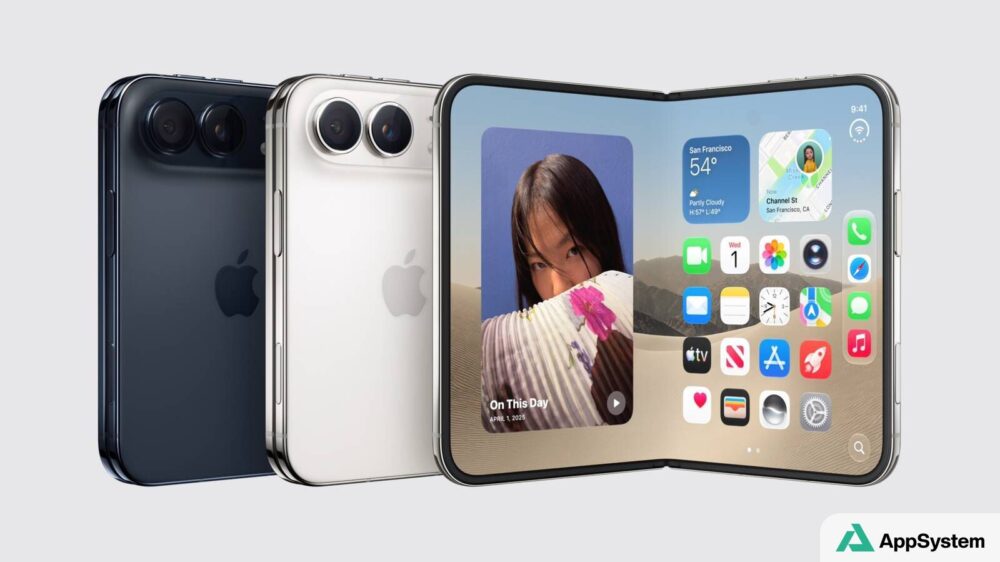 Rendu du smartphone pliable iPhone Duo ouvert et fermé