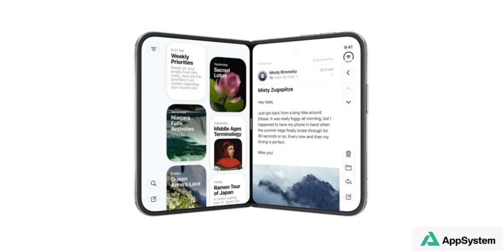 iPhone pliable ouvert montrant son écran intérieur divisé
