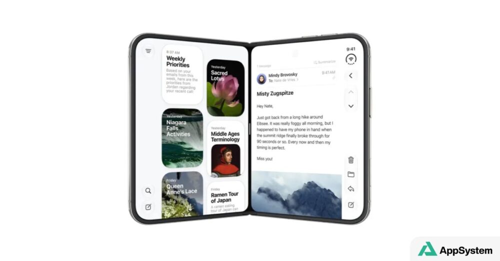 iPhone pliable ouvert affichant deux écrans avec des applications