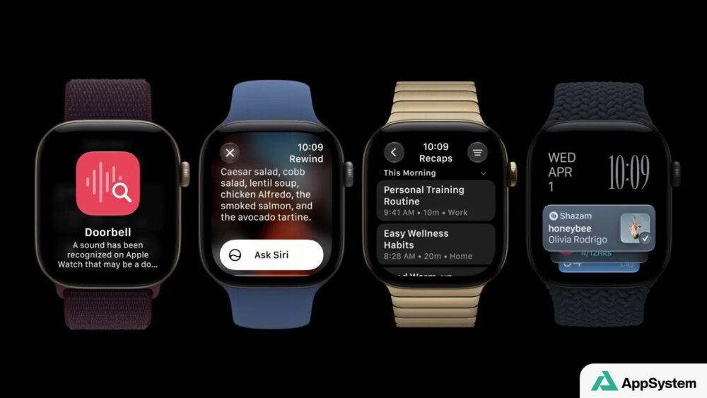Quatre Apple Watch présentent des interfaces de reconnaissance et résumé audio