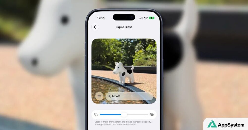 iPhone affichant le réglage Liquid Glass avec une figurine de chien