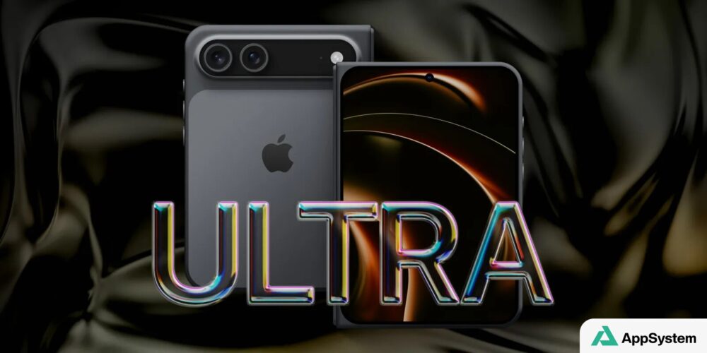 Rendu conceptuel d’un iPhone pliable affichant le mot Ultra